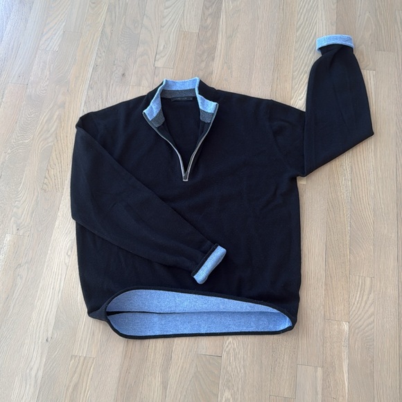 Greyson Sweater Mens L Wool Cashmere Knit Zip Neck 1/4 Black w/ Blue Trim - Picture 3 of 6